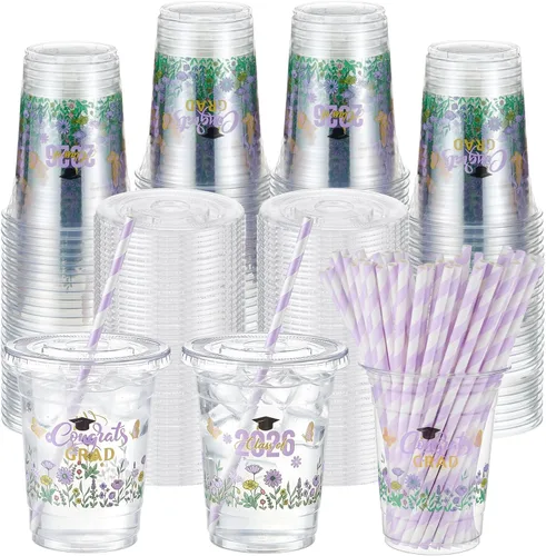 Vista 21 de Sliner 50 juegos de vasos de plástico a cuadros de 16 onzas con tapas y pajitas de papel, vasos desechables transparentes para fiesta de autos