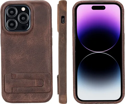 Vista 15 de Bayelon Funda de casco para iPhone 14 Plus - Funda delgada 360 de grano completo - Funda de cuero con función de atril (marrón oscuro)