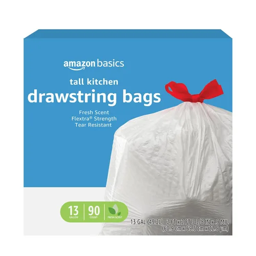 Vista 9 de Amazon Basics Flextra Strength - Bolsas de basura altas con cordón para cocina, aroma fresco, resistentes a desgarros, 13 galones, 50
