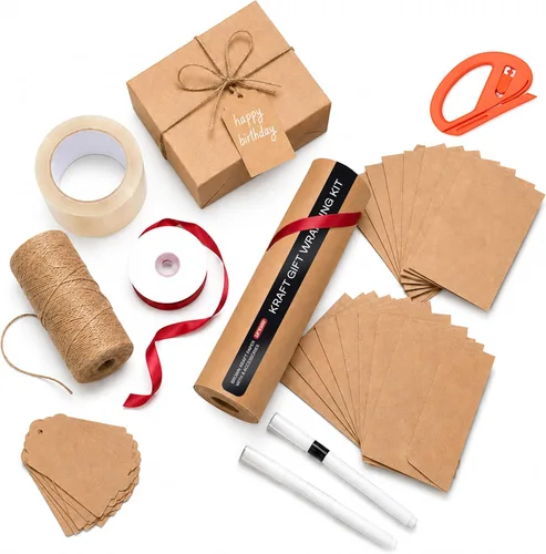 Vista 9 de Assorted Colors Kraft Wrapping Set of 10 Rolls 12"x100' + 8 Accessory Types USA-Made Natural Multi-Color Kraft Paper Kit for Holidays & Special
