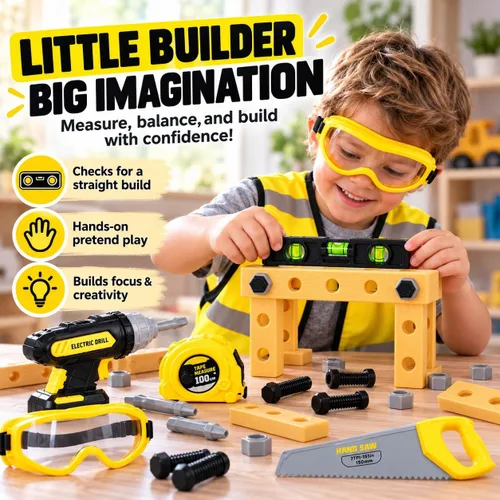 Vista 5 de Juego de herramientas para niños con estuche de transporte, taladro electrónico con brocas y chaleco de construcción – Kit de juego simulado