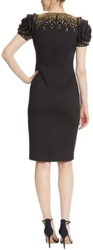 Vista 4 de Badgley Mischka Gold Studded Sheath Dress with Rosette Sleeves
