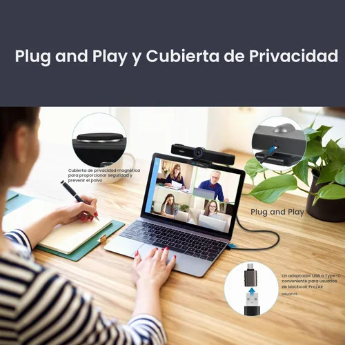 Vista 7 de Cámara web 4K 3 en 1 con micrófonos y altavoz, cámara web 4K con seguimiento automático AI, zoom digital 5X, campo de visión ajustable, control