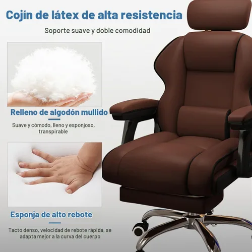 Vista 5 de Silla ejecutiva para computadora, silla de escritorio para oficina en casa, ángulo ajustable, ergonómica, de altura ajustable, sillas de piel Marrón