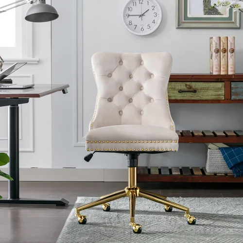 Vista 3 de Silla de escritorio de terciopelo, silla de tocador de altura ajustable con ruedas, cómoda silla de escritorio con respaldo de ala, ribete