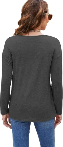 Vista 3 de Sherosa Camisetas de manga larga con cuello en V para mujer, ajuste holgado, estilo casual, color liso, básicas
