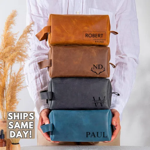 Vista 8 de Neceser de cuero personalizado para hombres – Kit Dopp de afeitado grabado personalizado con nombre o inicial, regalo de viaje para padrinos