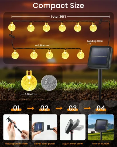 Vista 2 de LORRYTE - Paquete de 2 tiras de luces solares de globo de 64 pies, 100 luces LED para exteriores, color blanco cálido Crystal Globe Patio Lights