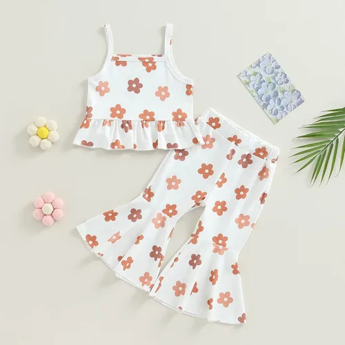 Vista 15 de Ropa de verano para bebé niña, sin mangas, estampado floral, correa acanalada, parte superior acampanada, pantalones de 2 piezas