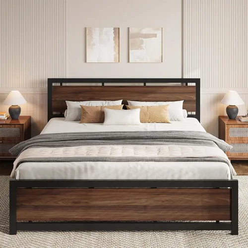 Vista 13 de LIKIMIO Base de cama tamaño King con cabecero y estribo Negro