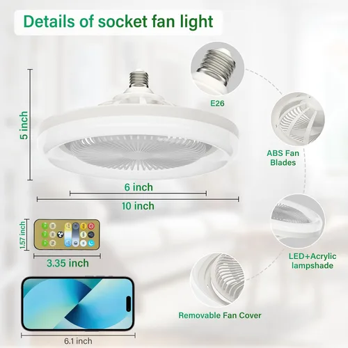 Vista 6 de Ventiladores de techo con luces y control remoto, luz de ventilador de techo de perfil bajo sin aspas, base E26 inalámbrica, para dormitorio, sala