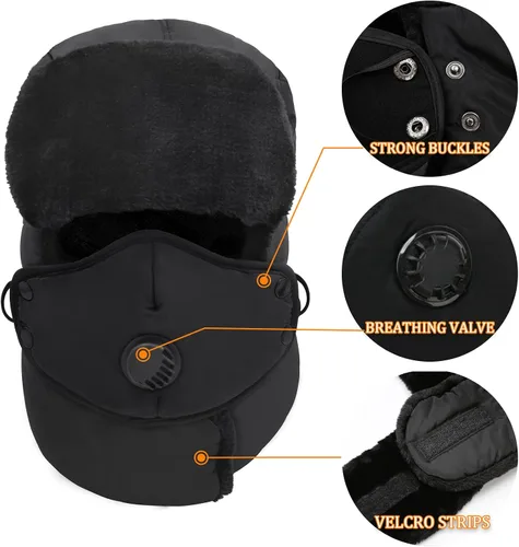 Vista 6 de Sombrero de trampero de invierno para hombres y mujeres, sombrero de piel rusa de caza de soldados con solapa para las orejas y máscara, sombrero