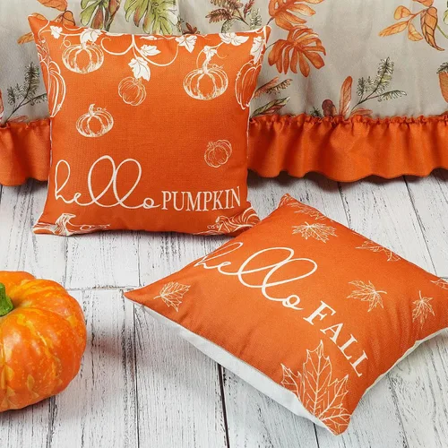 Vista 3 de ONWAY - Juego de 2 fundas de almohada de otoño de 16 x 16 pulgadas, color naranja calabaza con texto "Hello Fall" Hello Fall Hello Pumpkin Maple