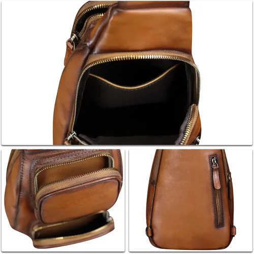 Vista 7 de LRTO Bolso de cuero genuino para hombres y mujeres, moda de cuero real, mochila bandolera de hombro, bolso cruzado de pecho
