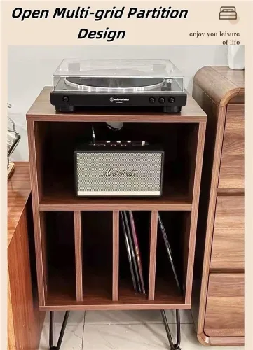 Vista 4 de Soporte para tocadiscos de madera, mesa de tocadiscos de gran capacidad, gabinete de almacenamiento abierto para medios, adecuado para sala