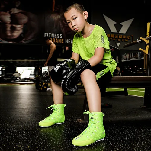 Vista 7 de JiuQing Zapatos de boxeo para niños y niñas, botas de entrenamiento de fitness, transpirables, antideslizantes, para lucha libre, sentadillas