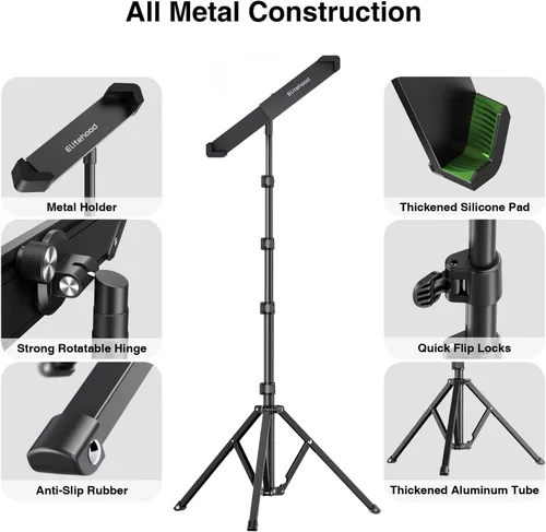 Vista 8 de elitehood Trípode de aluminio resistente para tableta, soporte de trípode ajustable para iPad con inclinación giratoria de 360 grados, soporte