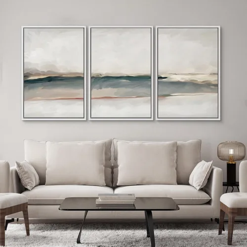 Vista 419 de SIGNWIN Lienzo enmarcado para pared, juego de arte pastel con cadena montañosa, bosque, niebla, naturaleza silvestre, ilustraciones modernas, arte