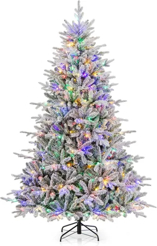 Vista 20 de Goplus Árbol de Navidad artificial preiluminado de 4.5 pies con nieve, árbol de Navidad completo con bisagras con 160 luces LED multicolores, 8
