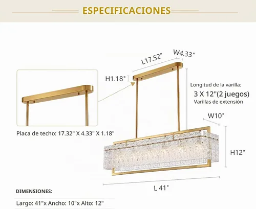 Vista 3 de Lámpara rectangular de cristal de lujo, moderna lámpara colgante rectangular LED, lámpara colgante dorada para comedor, cocina, isla de 40 pulgadas