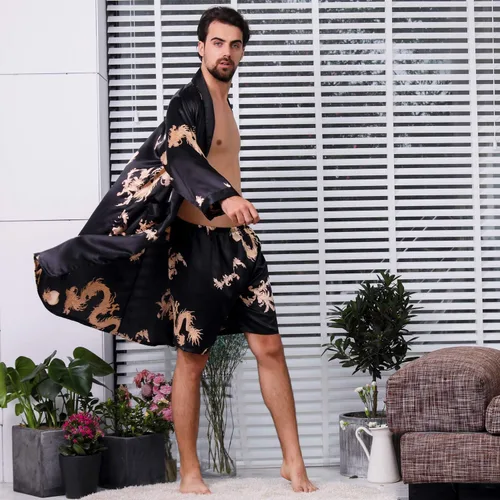 Vista 6 de Bata de satén para hombre, de seda, de manga larga, kimono, ropa de dormir, ropa de descanso