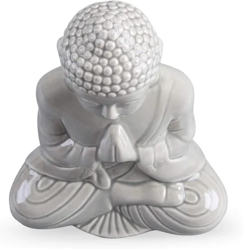 Vista 6 de Figura de Buda rezando de cerámica, estatua mediana serena (11 pulgadas de alto, gris)