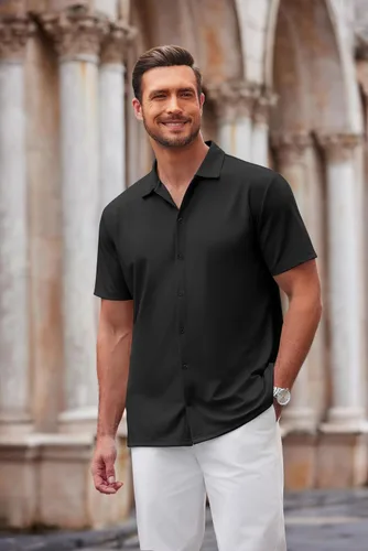 Vista 3 de COOFANDY Camisa casual con botones para hombre, manga corta, sin arrugas, camisa de verano Negro