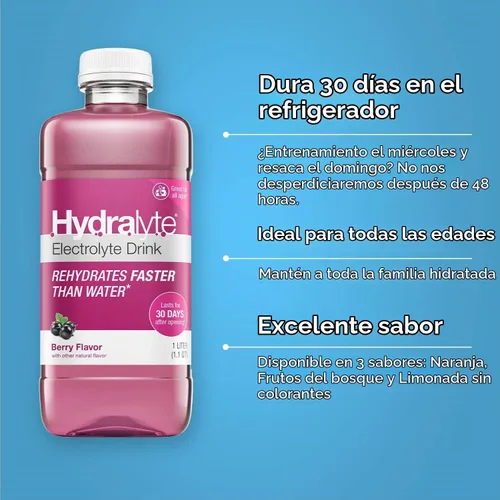 Vista 2 de Hydralyte Solución lista para beber hidratación oral con electrolitos, bayas, botella de 33.8 onzas