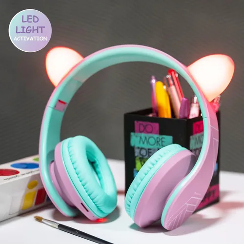 Vista 2 de PowerLocus - Auriculares sobre la oreja para niños, auriculares Bluetooth inalámbricos para niños, con micrófono, volumen limitado seguro de 85 dB