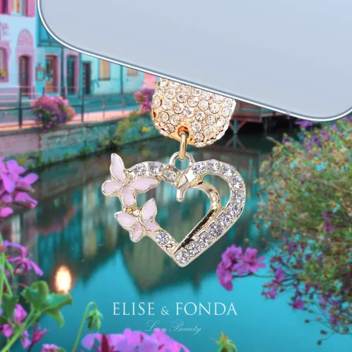 Vista 2 de ELISE & FONDA CP620 Puerto de carga USB cristal anti polvo enchufe pequeño amor corazón con mariposa teléfono encanto para iPhone 13/12/11/XS