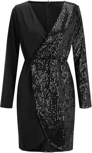 Vista 4 de Vestido de noche con cuello en V para mujer manga larga con lentejuelas y costuras para cóctel fiesta vestido de noche con abertura en la cadera