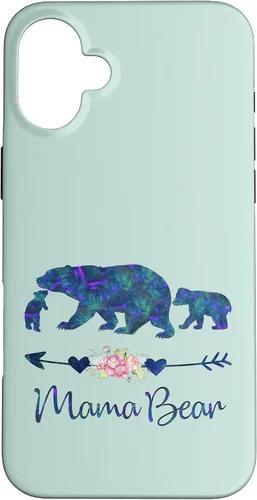Vista 23 de Teal Blue Purple Floral Mama Bear and Two Cubs Green Mint Case for iPhone 16
