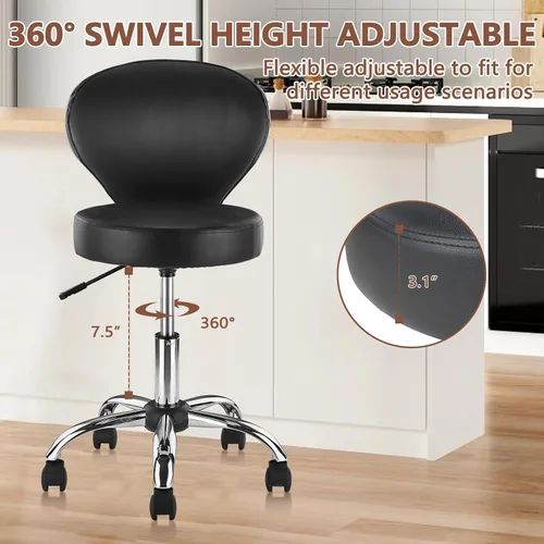 Vista 5 de KLASIKA Taburete giratorio ajustable con respaldo y ruedas, silla de escritorio de oficina multiusos, cojín de asiento grueso para el hogar, bar