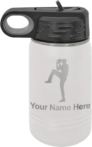 Vista 12 de LaserGram Botella de agua personalizada, jarra de béisbol, acero inoxidable de doble pared aislada al vacío con popote superior, regalo grabado Negro