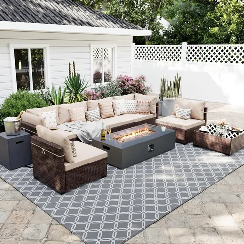 Vista 12 de UPHA Juego de muebles de mimbre para patio de 5 piezas con mesa auxiliar Cojín de ratán marrón y beige