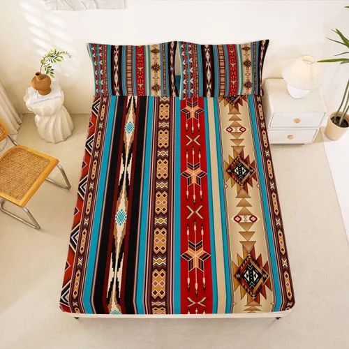 Vista 37 de Juego de ropa de cama de estilo bohemio occidental, tamaño individual, diseño de vaca atrapasueños, sábana bajera ajustable del suroeste, tribu