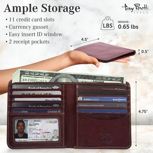 Vista 2 de Tony Perotti Men's Italian Leather Bifold Wallet With Card Holders, Pockets, ID Window - Eco-Friendly Vegetable-Tanned