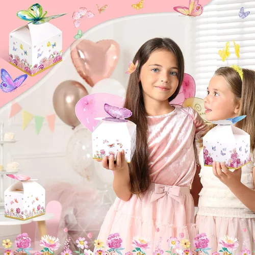 Vista 7 de Ctosree 24 cajas de regalo de fiesta de mariposa, bolsas de dulces florales, caja de papel de regalo de mariposa rosa para niña, decoración azul