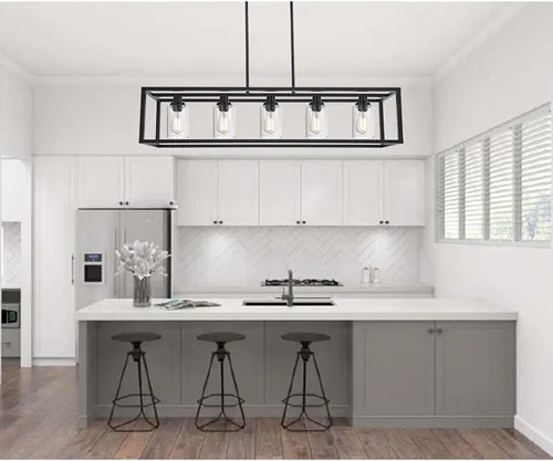 Vista 4 de MELUCEE Candelabro Industrial de 36.2 Pulgadas de Longitud para Isla de Cocina, Luminaria Rectangular de 5 Luces para Comedor Colgante con Acabado