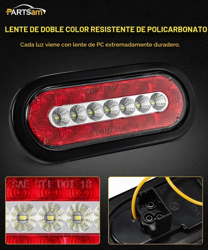 Vista 2 de Partsam 2 luces de freno de freno ovaladas de 6.3 pulgadas para camión, remolque, luces traseras de marcha atrás rojas y blancas, luces traseras