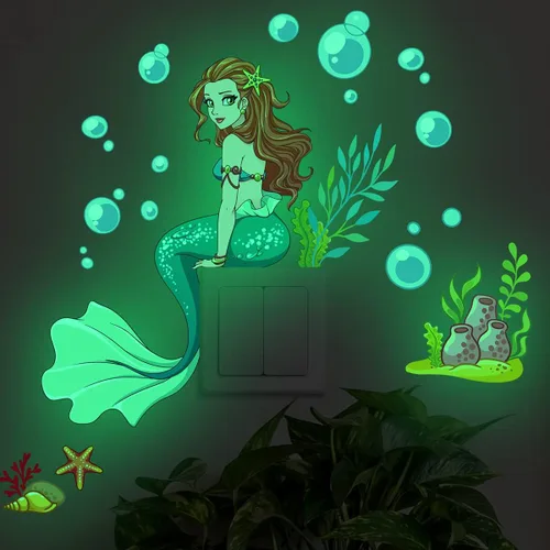 Vista 4 de Calcomanías luminosas de pared de sirena que brillan en la oscuridad, calcomanías de pared de princesa de dibujos animados, calcomanías de pared