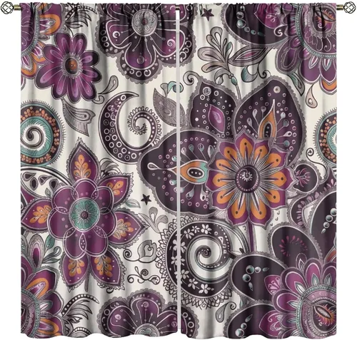 Vista 14 de Cortinas opacas con estampado de flores de cachemira, estampado de cachemira sobre fondo blanco, para decoración del hogar, cocina, restaurante
