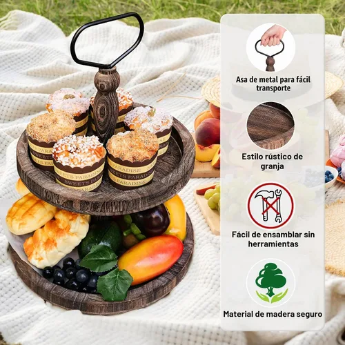 Vista 4 de Mustry Bandeja de madera rústica de 2 niveles, bandeja de servir redonda de granja para decoración de mesa de cocina, exhibición de comida, frutas