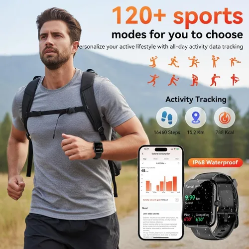 Vista 4 de Reloj inteligente con Alexa integrado, llamadas y notificaciones Bluetooth, monitor de salud HD de 1.83 pulgadas, frecuencia cardíaca 24/7 y Negro