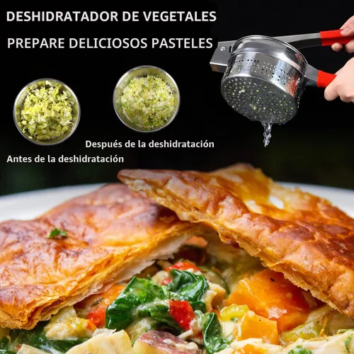 Vista 6 de Exprimidor de verduras de acero inoxidable de 13.5 onzas, mango de silicona roja antideslizante, exprimidor de agua vegetal de metal para exprimir
