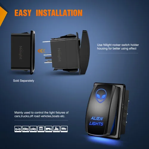 Vista 5 de Nilight Alien Lights interruptor basculante con barra de luz LED de 5 pines; láser de encendido/apagado; interruptores SPST 20 A/12 V, 10 A/24 V