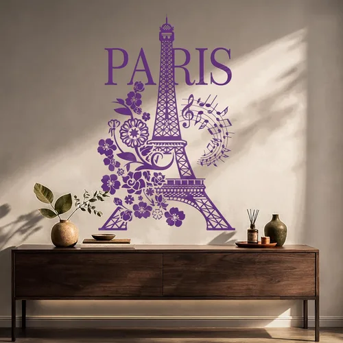 Vista 4 de Vinilo París Torre Eiffel Romántico Notas Musicales Flores Pegatinas Mural Decoración Grande (g4977) Negro