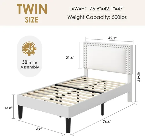 Vista 128 de VECELO Base de cama de plataforma de tamaño individual con cabecera tapizada de altura ajustable, base de colchón moderna, soporte de listones