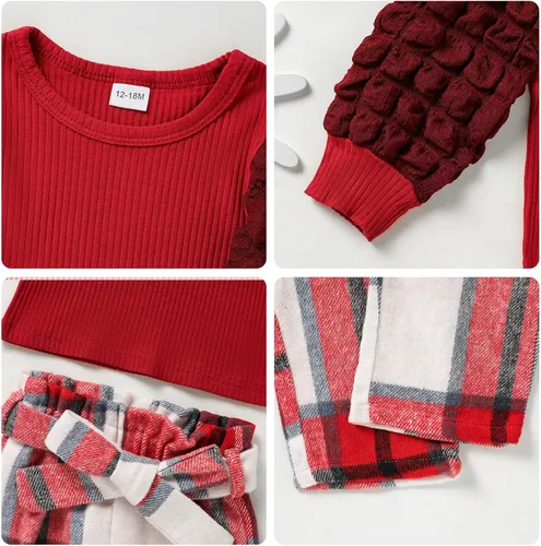 Vista 5 de Conjunto de 4 piezas de ropa de bebé niña acanalada de manga larga abombada + pantalones a cuadros + diadema + cinturón de 4 piezas para otoño e