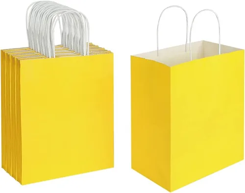 Vista 3 de Oikss Cada paquete de 50 bolsas de regalo de papel kraft medianas azul y amarillo con asas a granel